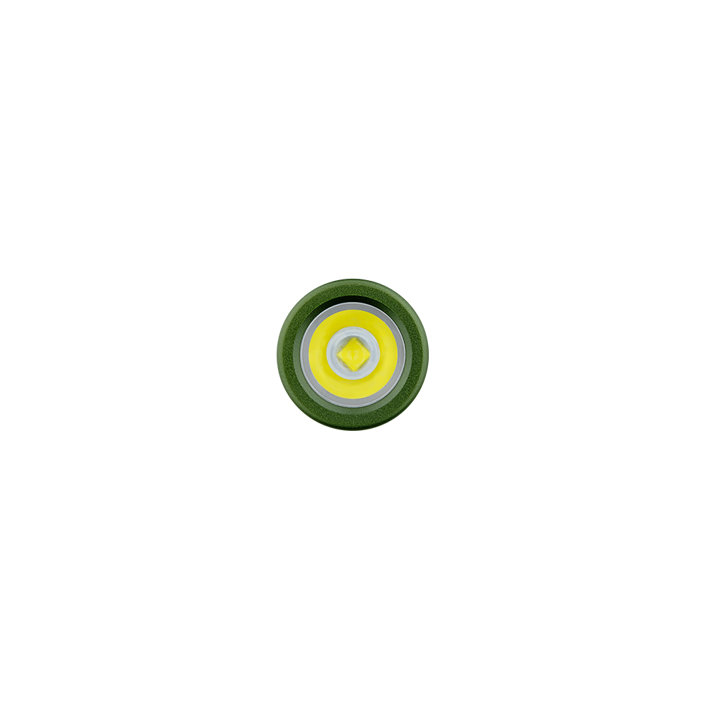 Close-up of a circular LED light emitter with a green outer ring and yellow center