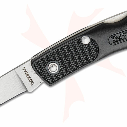 Folding knife with black textured handle and silver blade marked Imperial on the blade base.