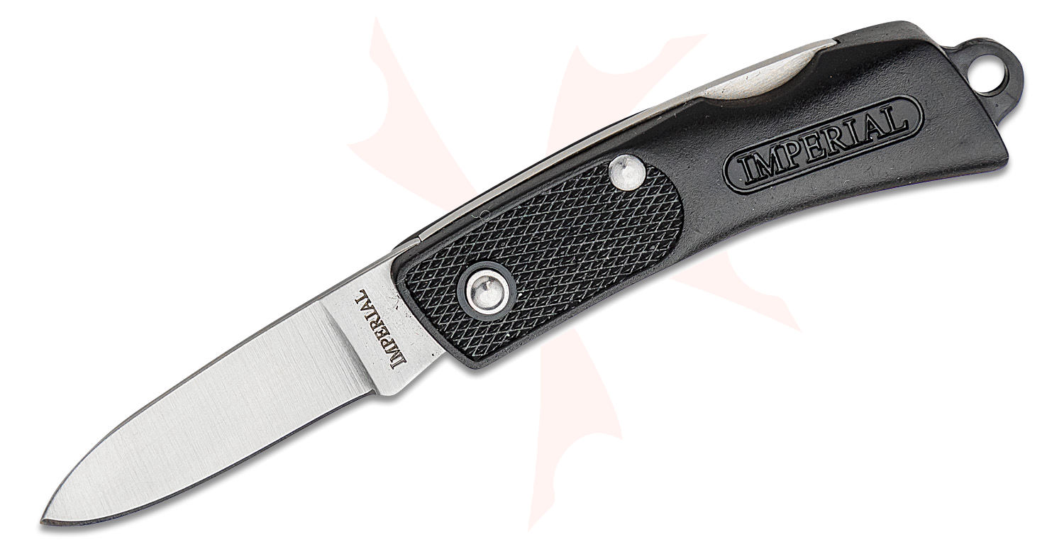 Folding knife with black textured handle and silver blade marked Imperial on the blade base.