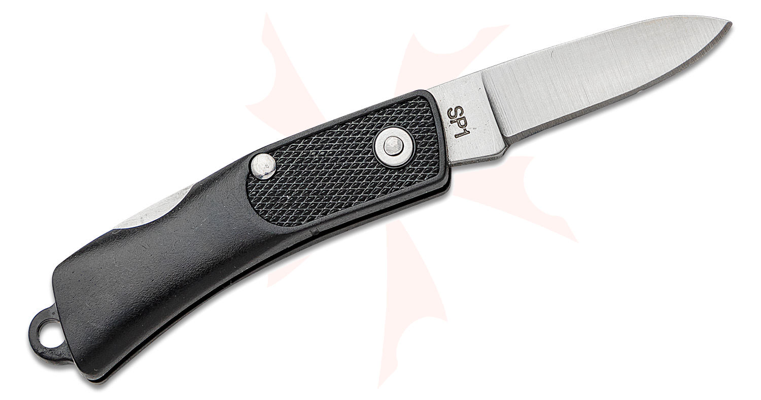 Partially opened folding pocket knife with a black textured handle and silver blade, showing the pivot screw and lanyard loop at the end.