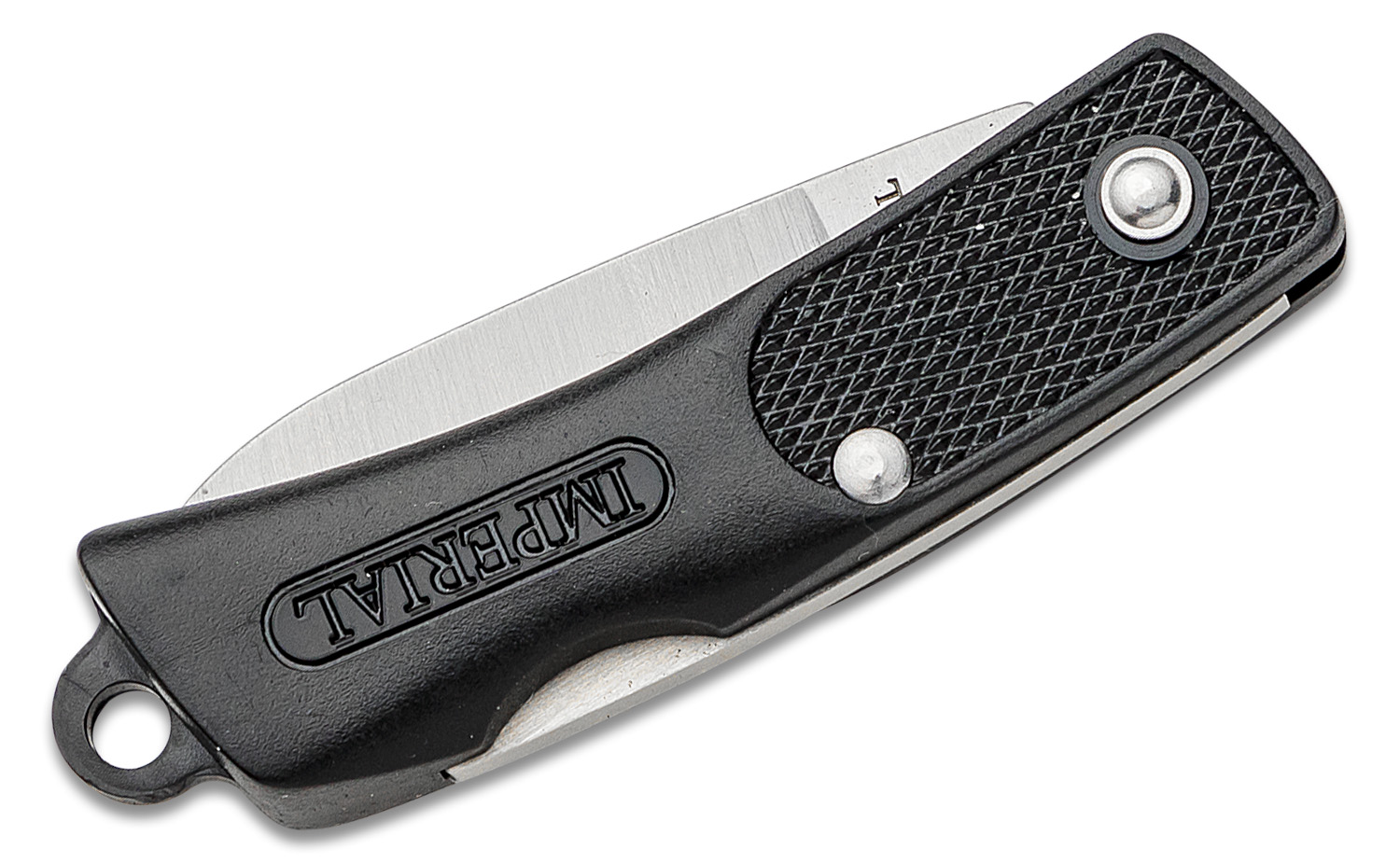 Compact folding pocket knife with a black textured handle and a partially extended silver blade, shown from a diagonal angle.
