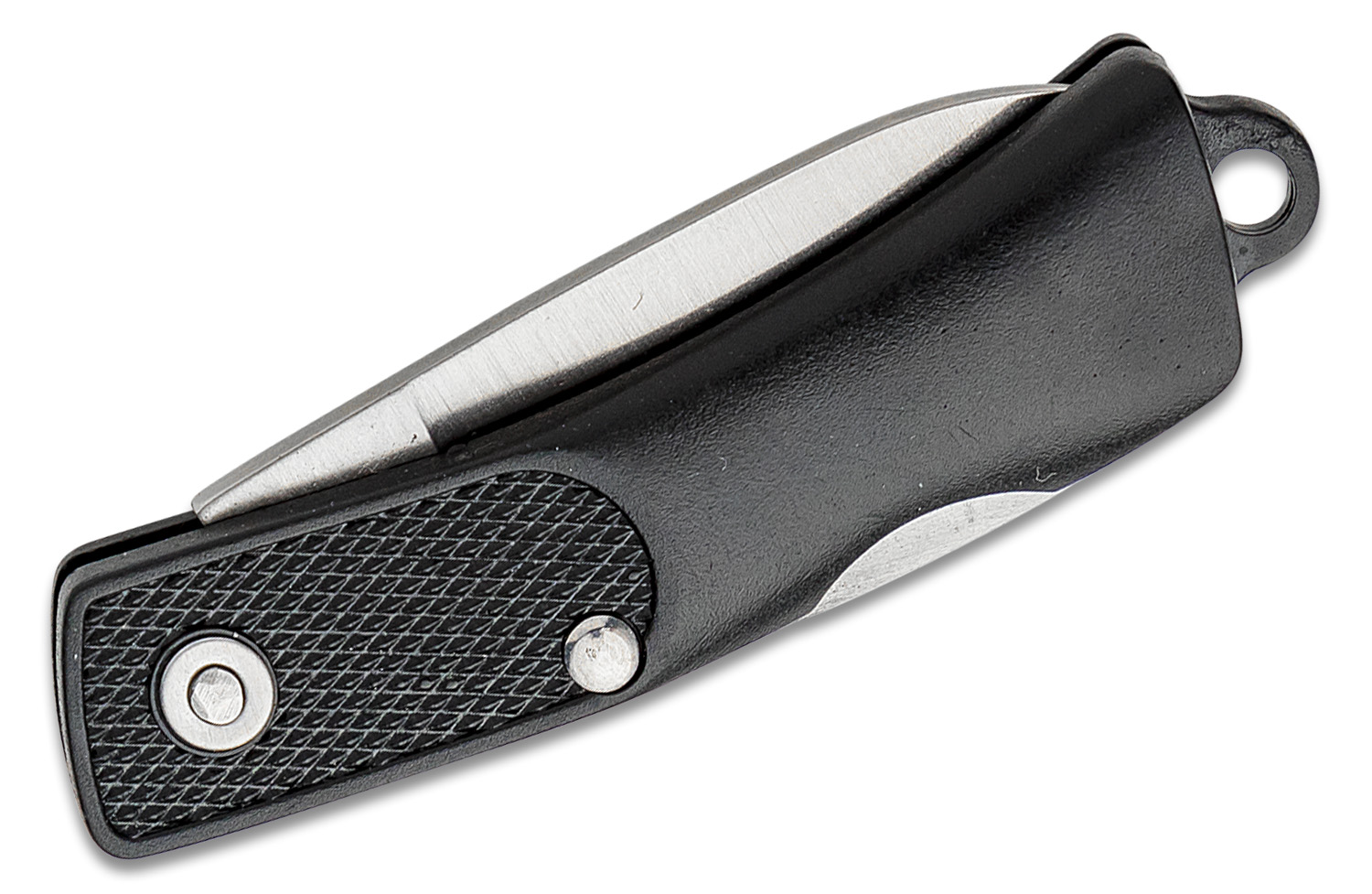Folding pocket knife with a textured black handle and closed silver blade rail on the top side, ring at the end for attachment