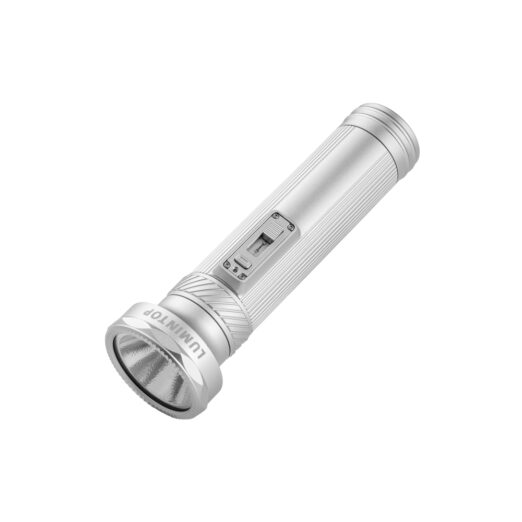 Silver handheld LED flashlight with a knurled aluminum body and side-mounted power switch (Lumintop branding)