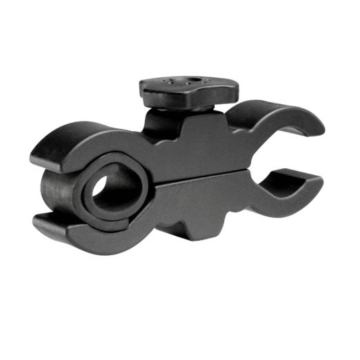 Close-up of a black plastic clip/hinge with a circular pin hole and curved jaws.