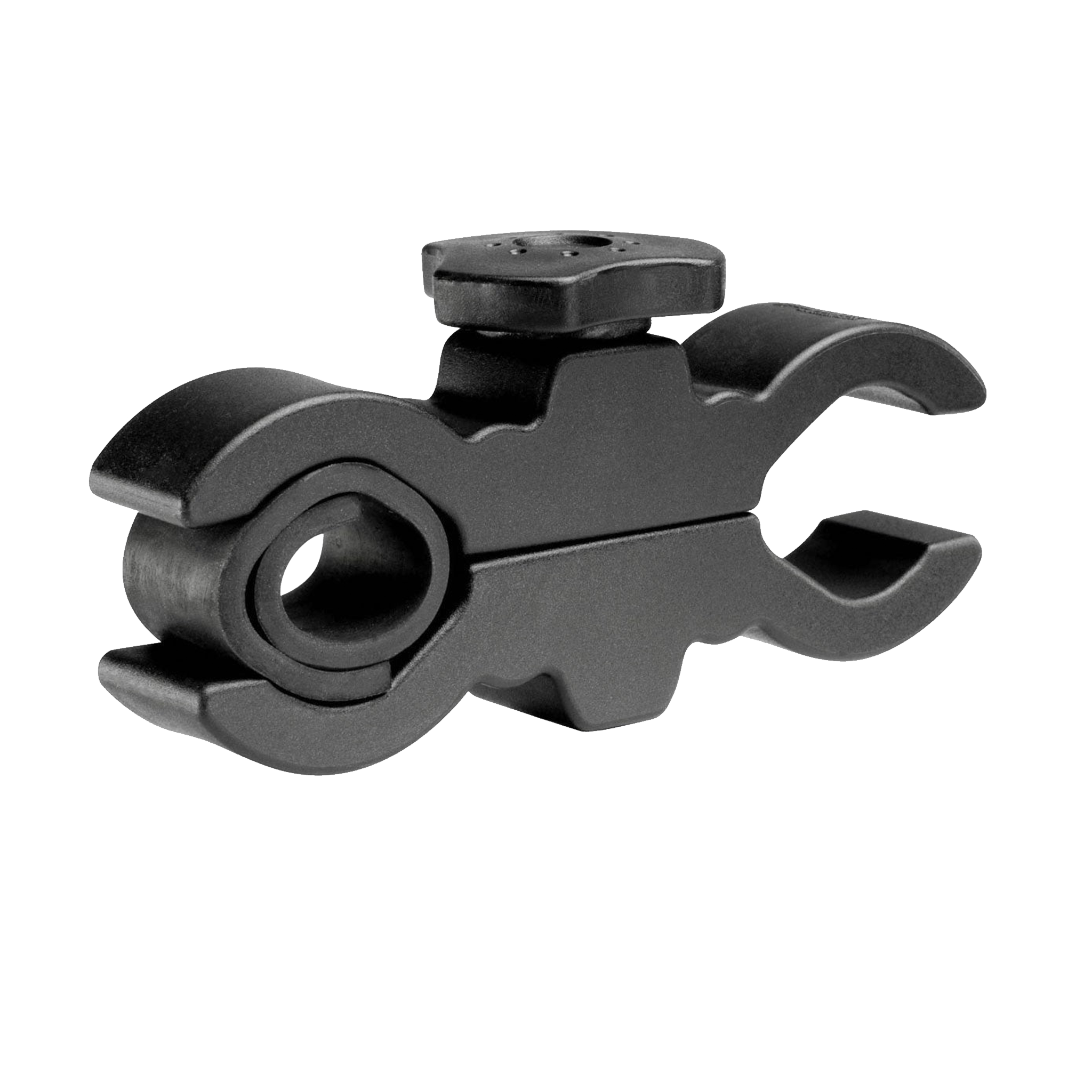 Close-up of a black plastic clip/hinge with a circular pin hole and curved jaws.