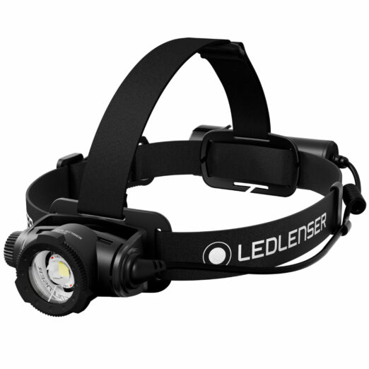 Headlamp with a black adjustable strap and front LED light, branded Ledlenser, designed to wear on the head for hands-free lighting