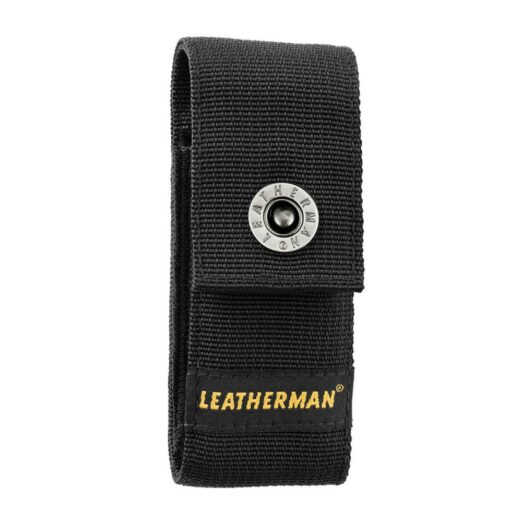 Black nylon Leatherman knife/tool sheath with a snap-button closure and yellow Leatherman branding on the front.