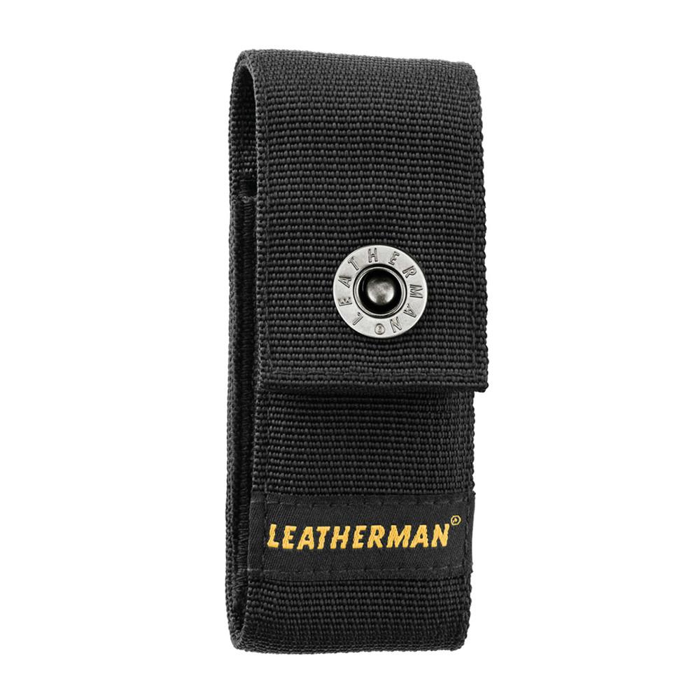 Black nylon Leatherman knife/tool sheath with a snap-button closure and yellow Leatherman branding on the front.