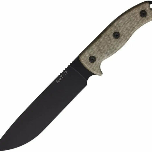 Fixed-blade knife with a black matte blade and tan textured handle, shown diagonally right-to-left.
