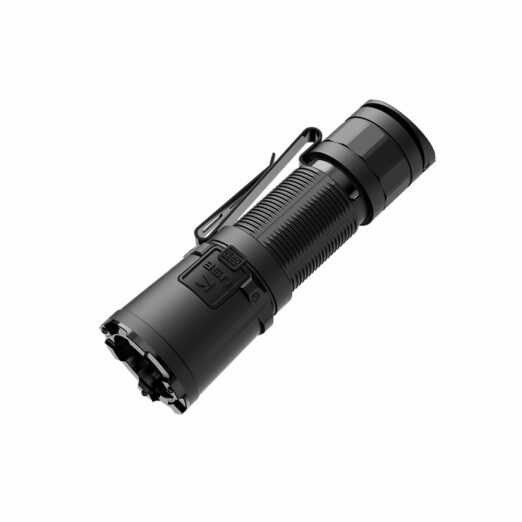 Black tactical flashlight with ridged grip, side switch, and pocket clip for easy carrying