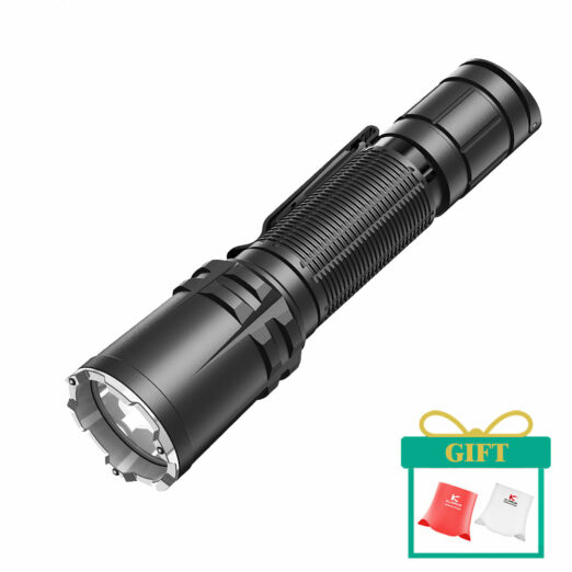 Black tactical flashlight with a textured grip and crenellated bezel, shown at an angle with a side clip visible.